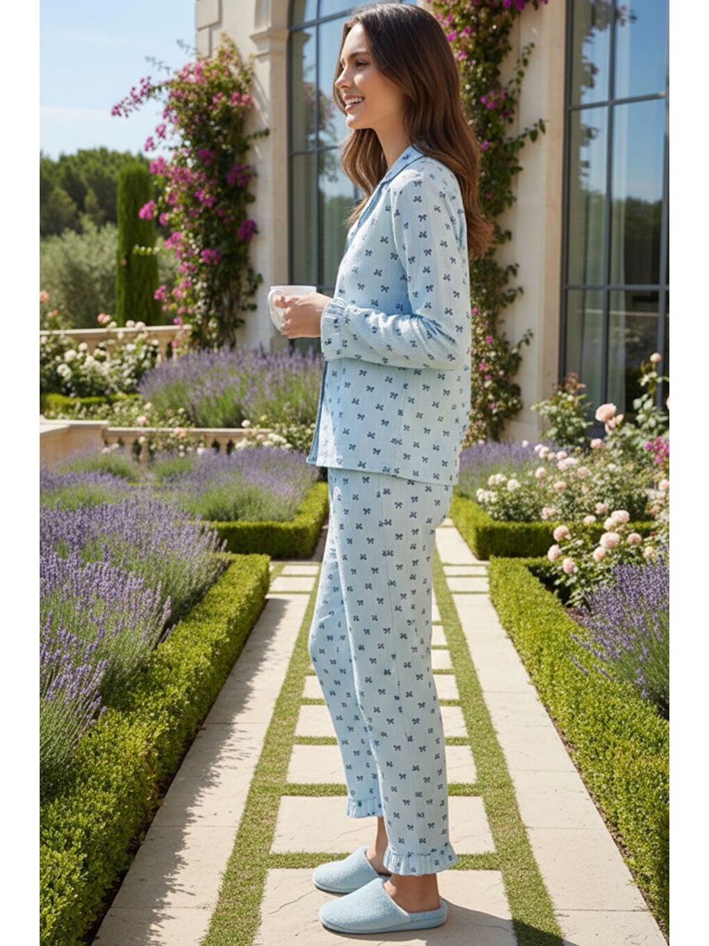 Bürümcük Dokulu Düğmeli Pijama Takım Mavi Fiyonk-1