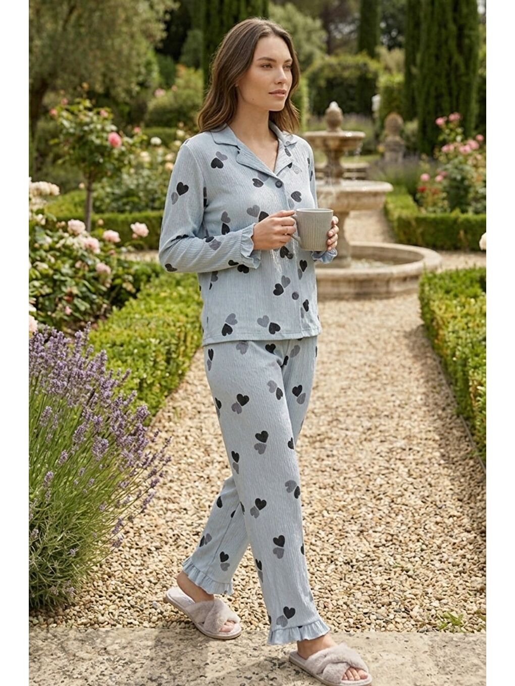 Gri Bürümcük Dokulu Düğmeli Pijama Takım Mavi Kalp-3