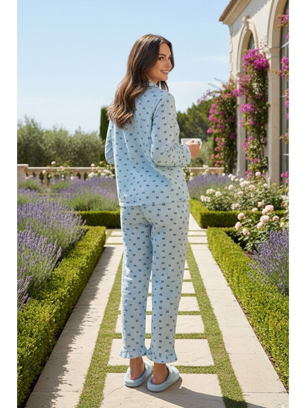 Bürümcük Dokulu Düğmeli Pijama Takım Mavi Fiyonk-2