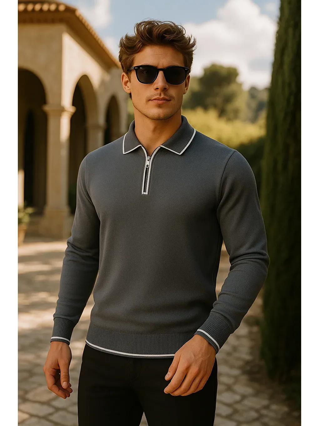 Gri Erkek Günlük Fermuarlı Füme Uzun Kollu Polo Yaka Triko-1