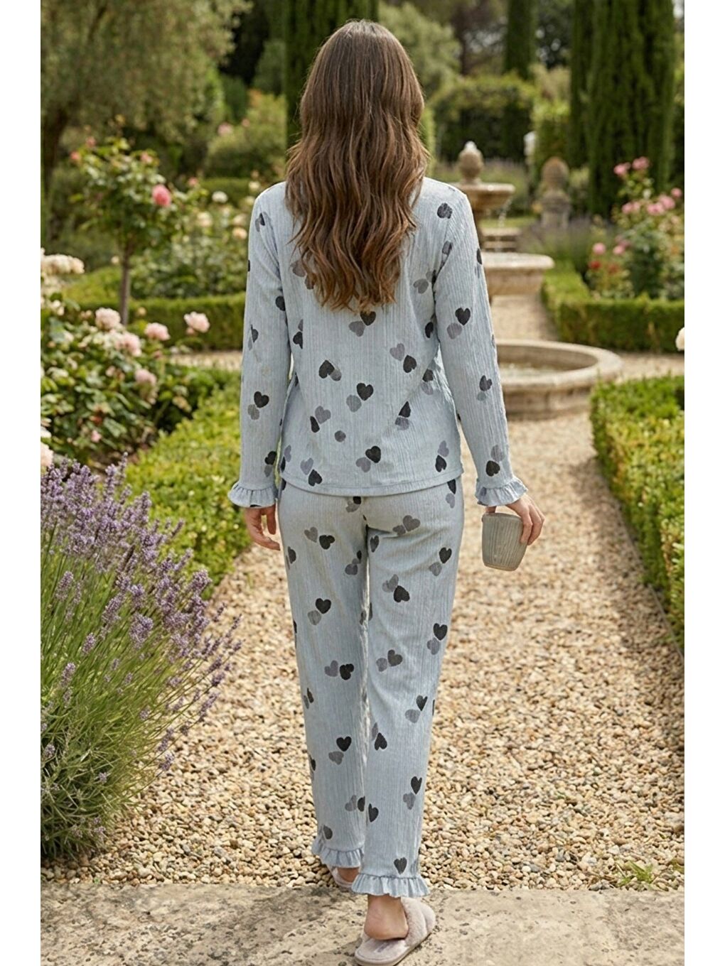 Gri Bürümcük Dokulu Düğmeli Pijama Takım Mavi Kalp-4