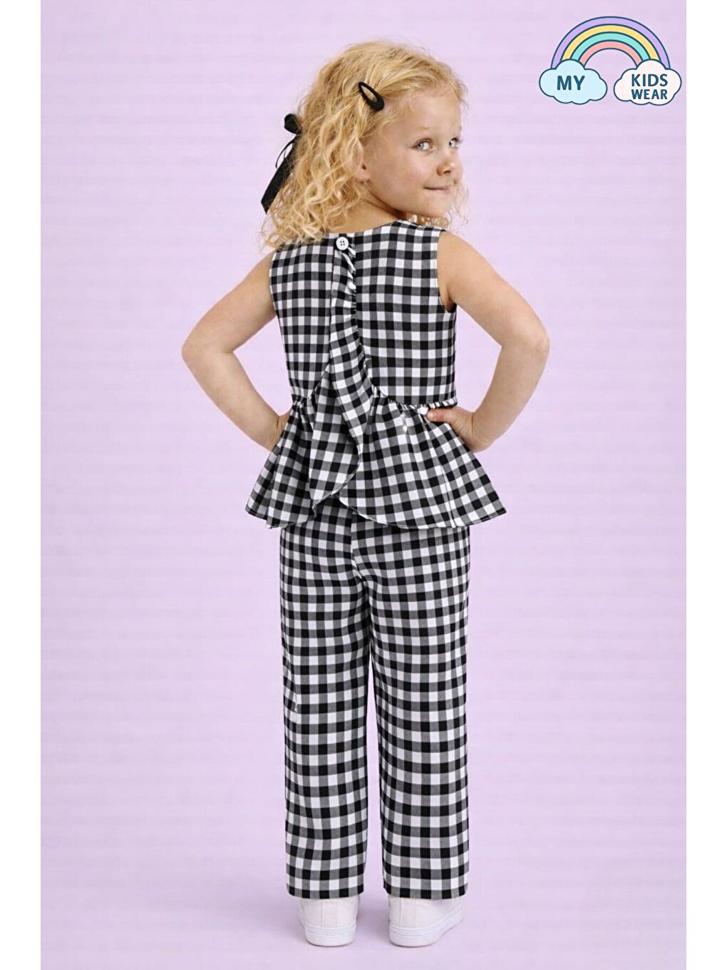 Siyah Kız Çocuk Pötikareli Peplum Bluz ve Pantolon Takımı 12693-1