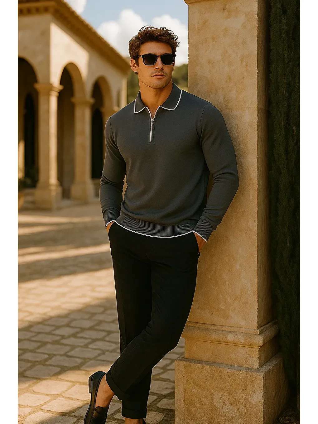 Gri Erkek Günlük Fermuarlı Füme Uzun Kollu Polo Yaka Triko-2