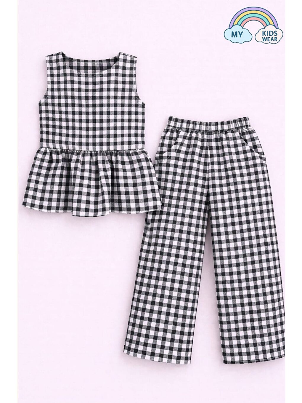 Siyah Kız Çocuk Pötikareli Peplum Bluz ve Pantolon Takımı 12693-2