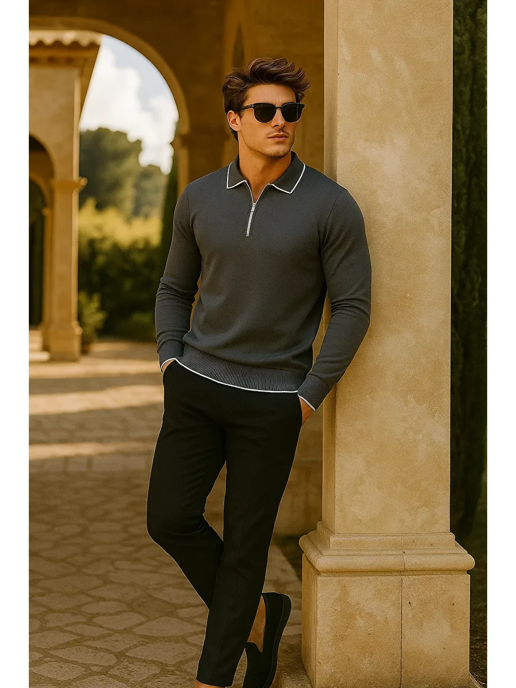 Gri Erkek Günlük Fermuarlı Füme Uzun Kollu Polo Yaka Triko-3