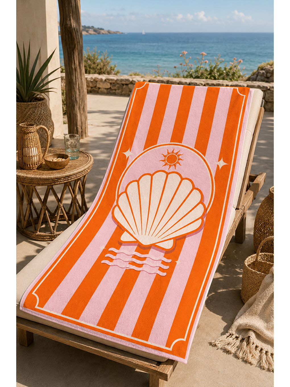 Sarı Turuncu Deniz Kabuğu Şerit Desenli 70x150 Plaj Havlusu-2
