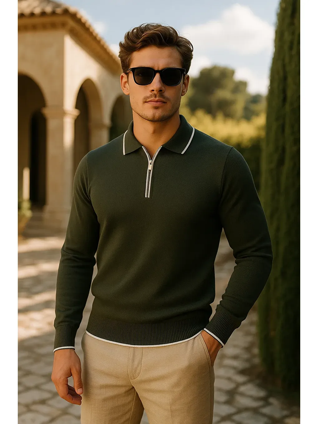 Erkek Günlük Fermuarlı Haki Uzun Kollu Polo Yaka Triko