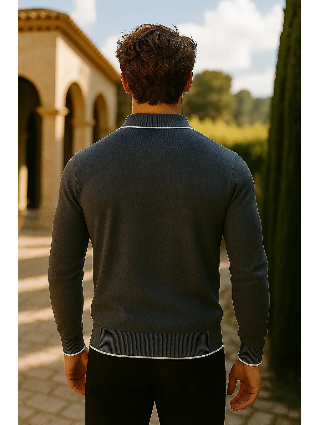 Gri Erkek Günlük Fermuarlı Füme Uzun Kollu Polo Yaka Triko-4