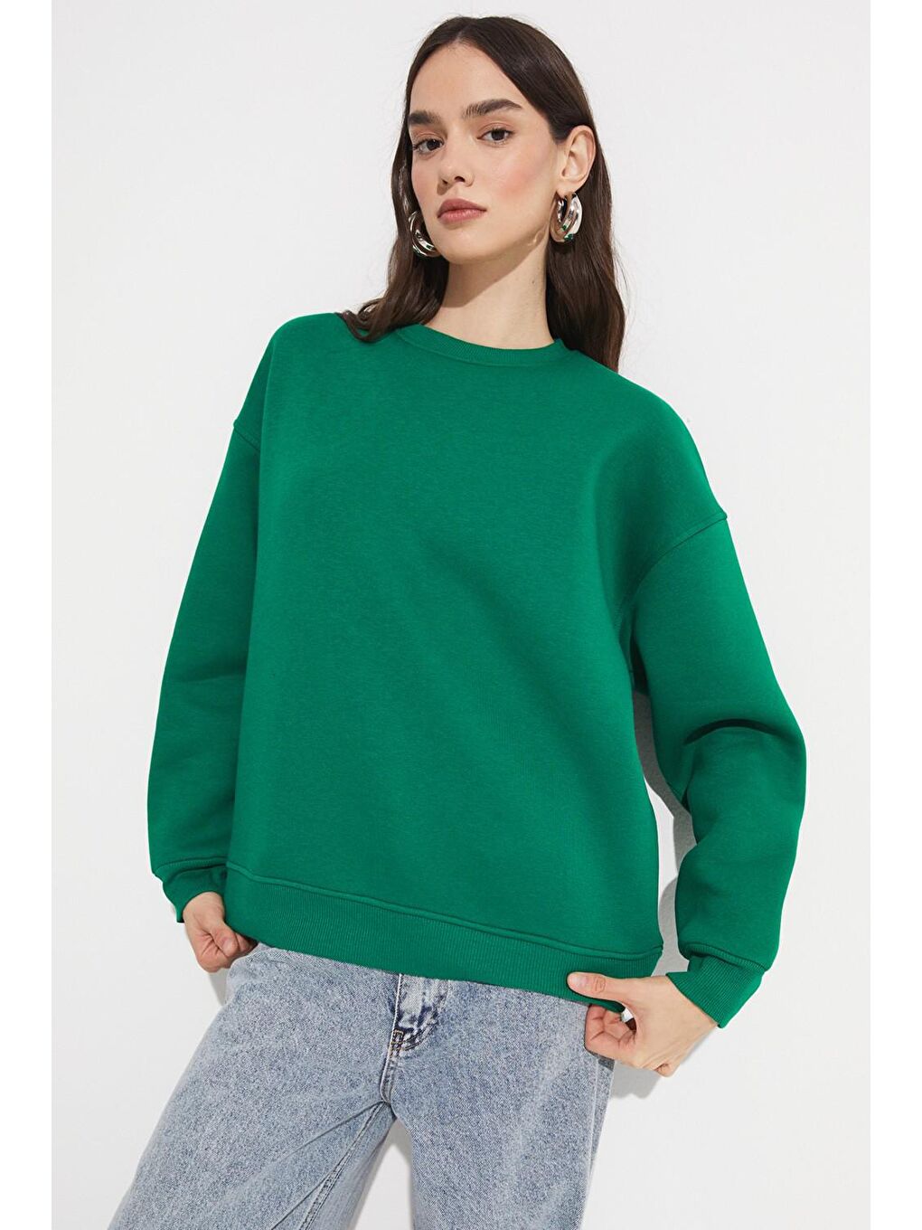 June Yeşil Bisiklet Yaka Basic Sweatshirt - 3