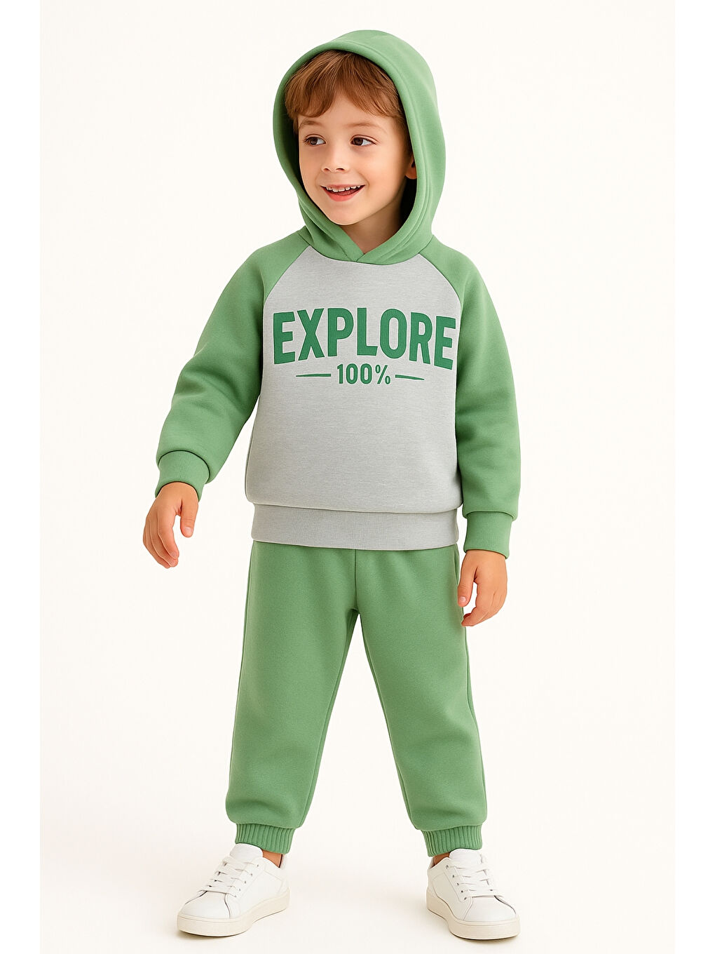 Yeşil Erkek Çocuk Explore Baskılı 3 İplik Kalın Kışlık Alt Üst Takım Ak13539-1