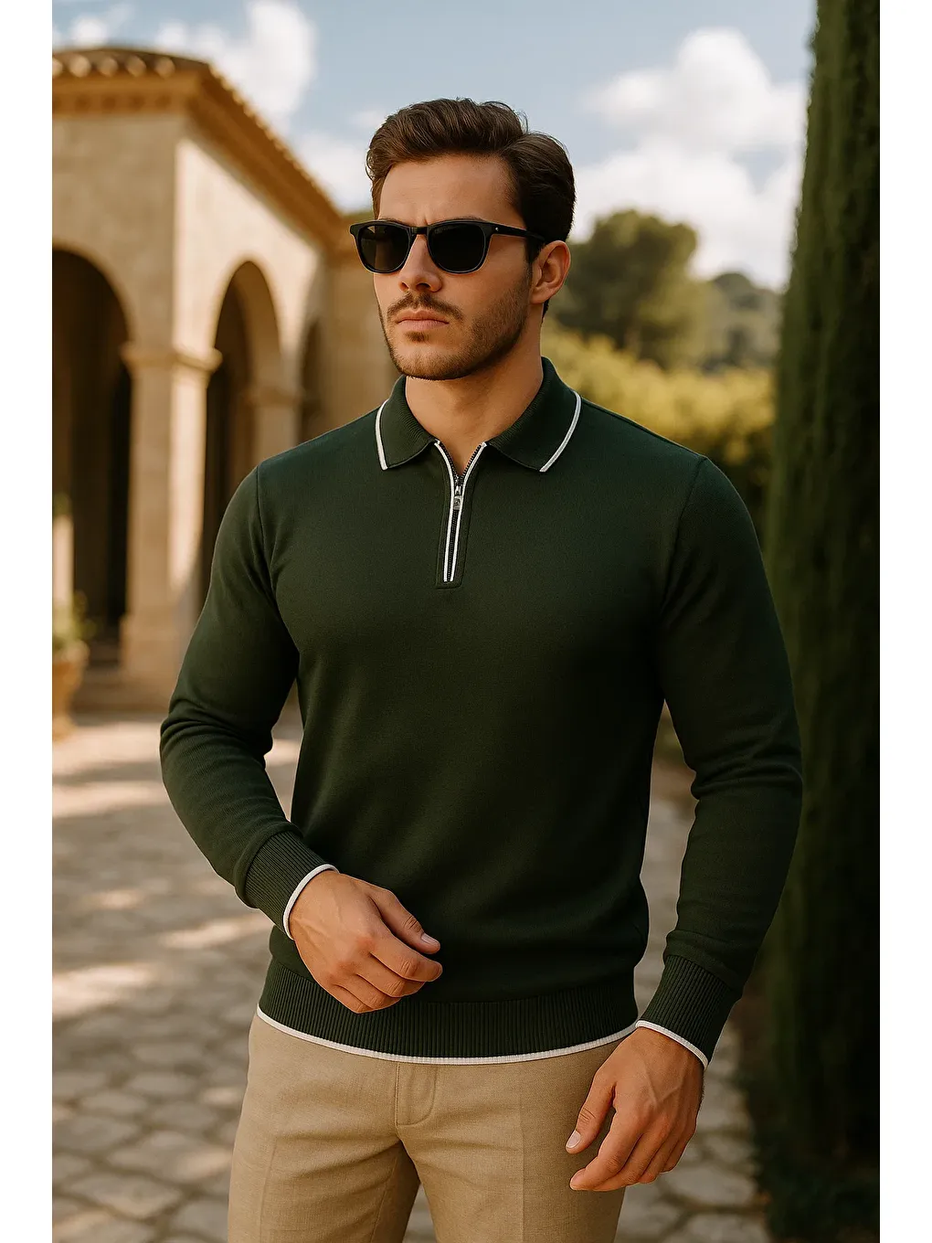 Erkek Günlük Fermuarlı Haki Uzun Kollu Polo Yaka Triko-1