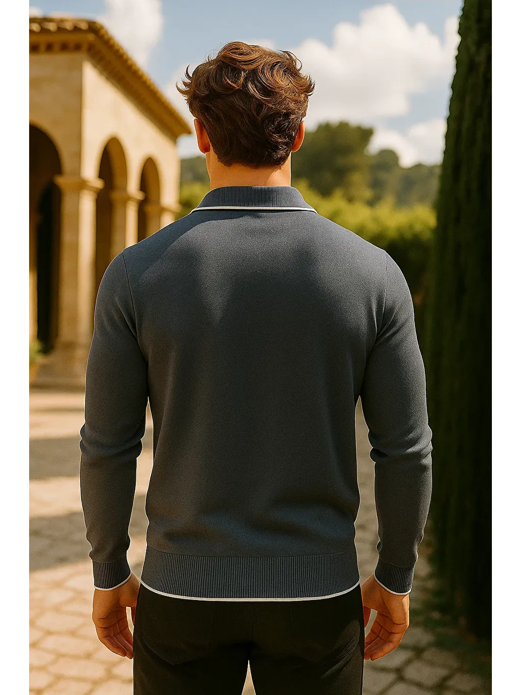 Gri Erkek Günlük Fermuarlı Füme Uzun Kollu Polo Yaka Triko-5