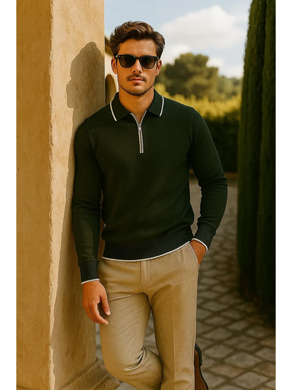 Erkek Günlük Fermuarlı Haki Uzun Kollu Polo Yaka Triko-2
