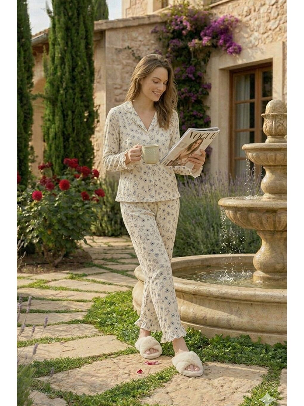 Yeşil Bürümcük Dokulu Düğmeli Pijama Takım Avokado-1