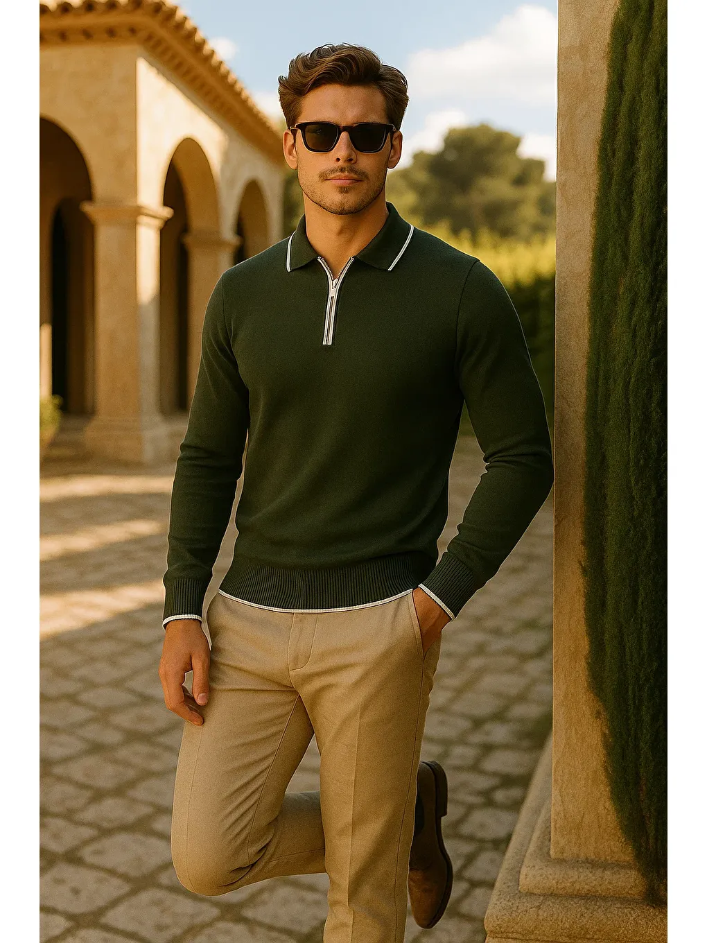 Erkek Günlük Fermuarlı Haki Uzun Kollu Polo Yaka Triko-3