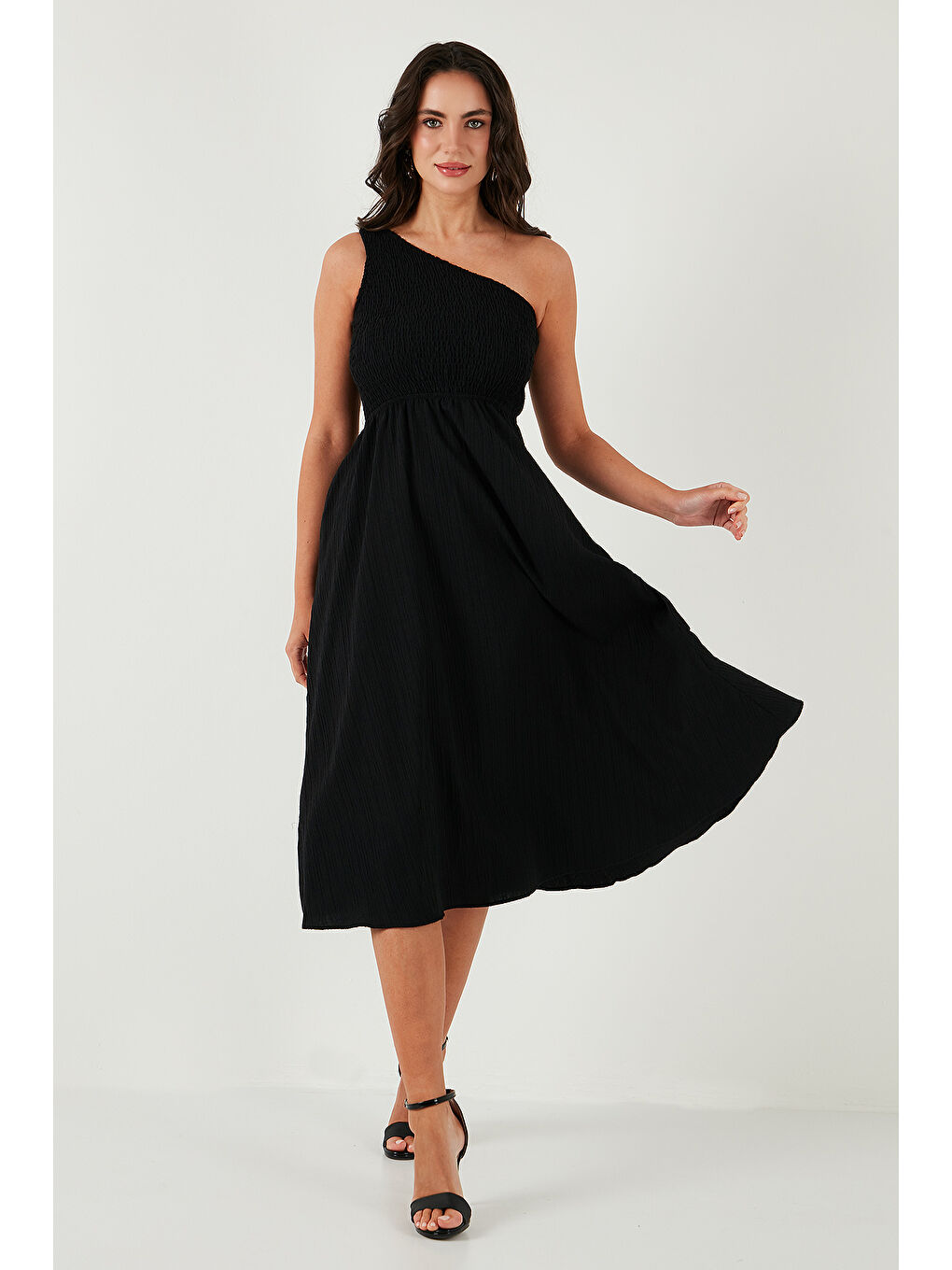 Siyah Regular Fit Tek Omuz Belden Açılan Gipeli Midi Boy Kadın Elbise 67810248-2
