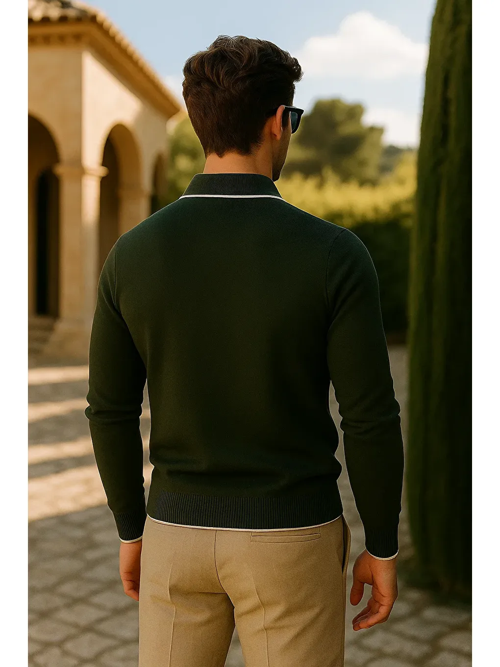 Erkek Günlük Fermuarlı Haki Uzun Kollu Polo Yaka Triko-4