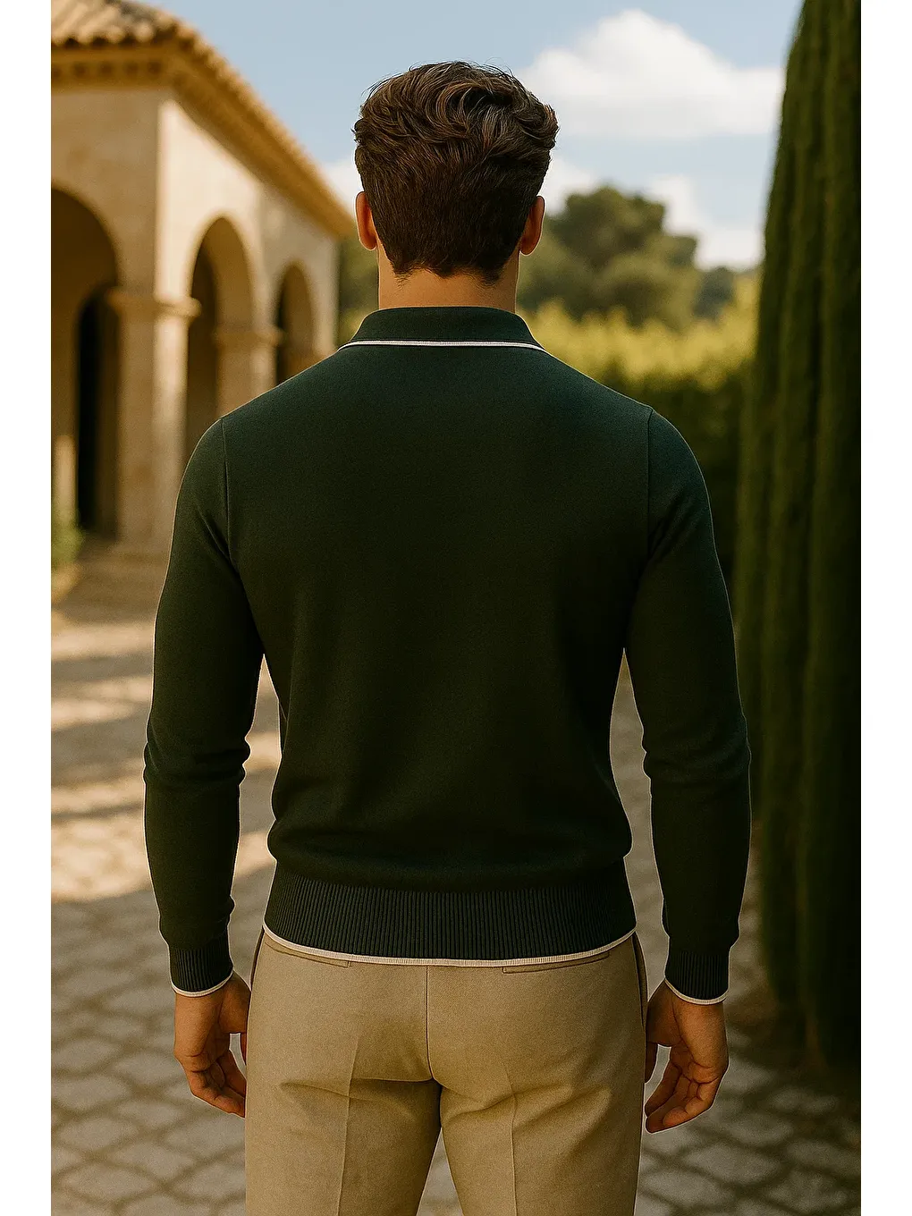 Erkek Günlük Fermuarlı Haki Uzun Kollu Polo Yaka Triko-5