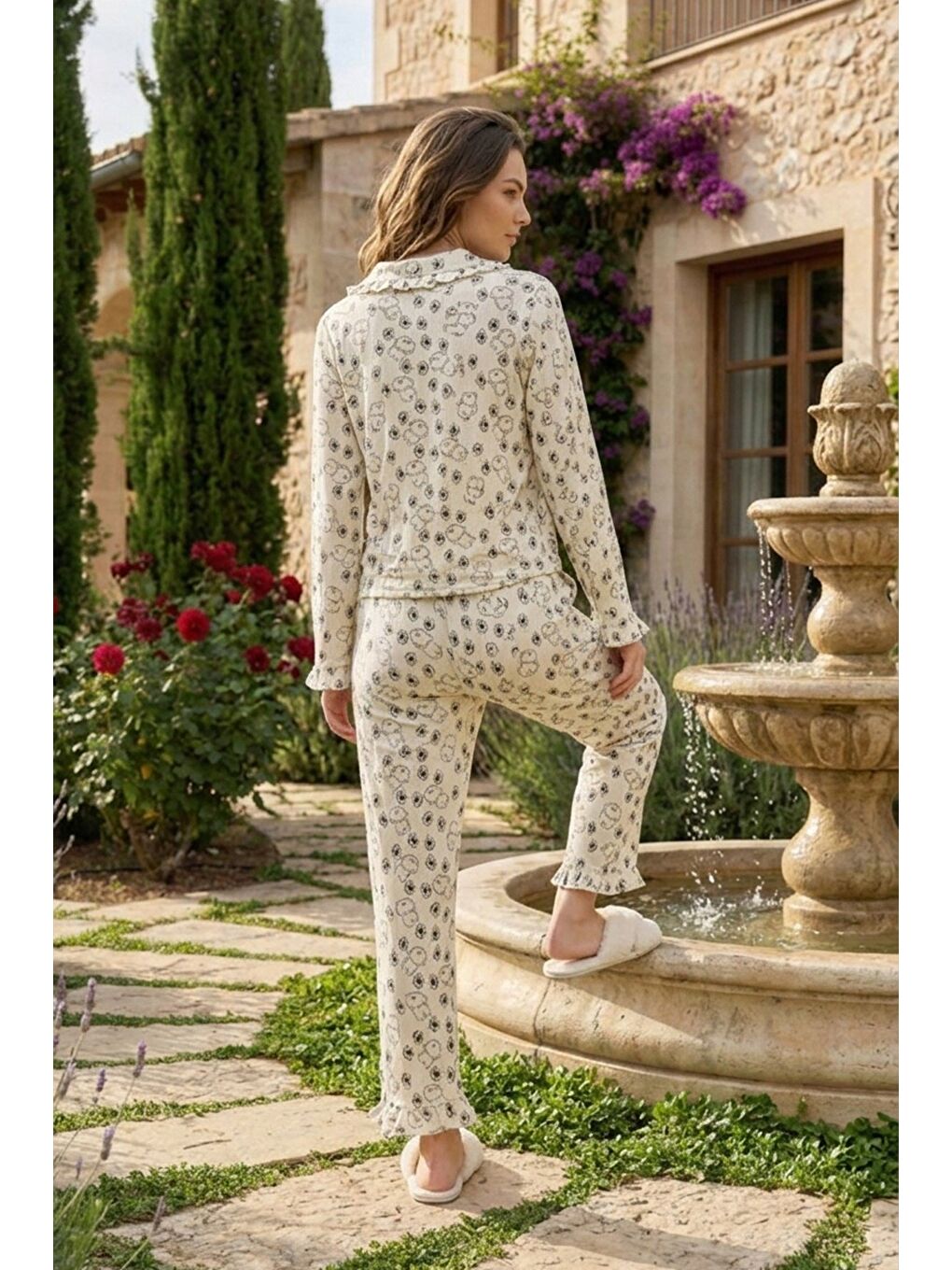 Yeşil Bürümcük Dokulu Düğmeli Pijama Takım Avokado-3