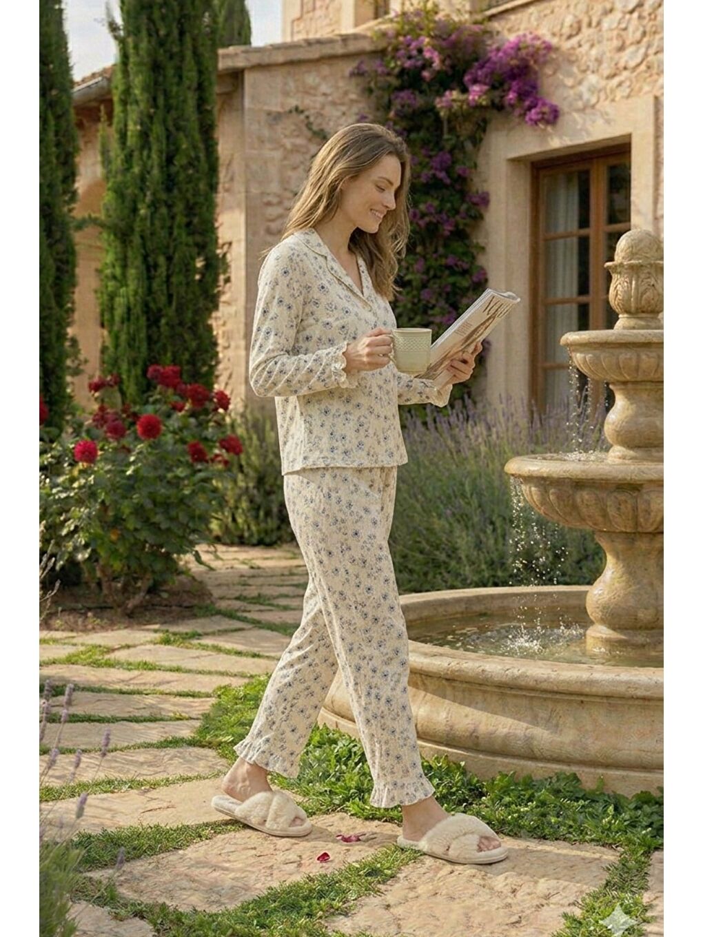 Yeşil Bürümcük Dokulu Düğmeli Pijama Takım Avokado-4