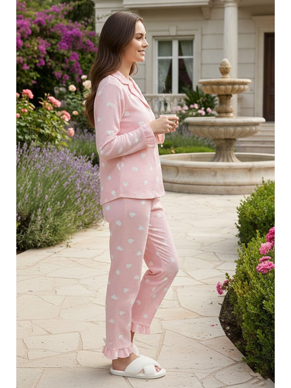 Beyaz Bürümcük Dokulu Düğmeli Pijama Takım Kalp-1