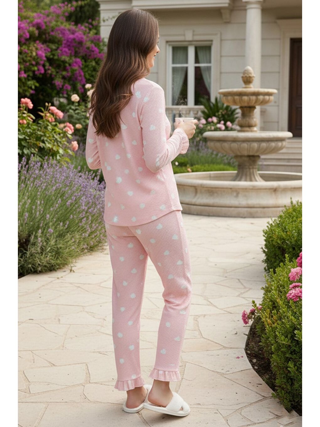 Beyaz Bürümcük Dokulu Düğmeli Pijama Takım Kalp-2