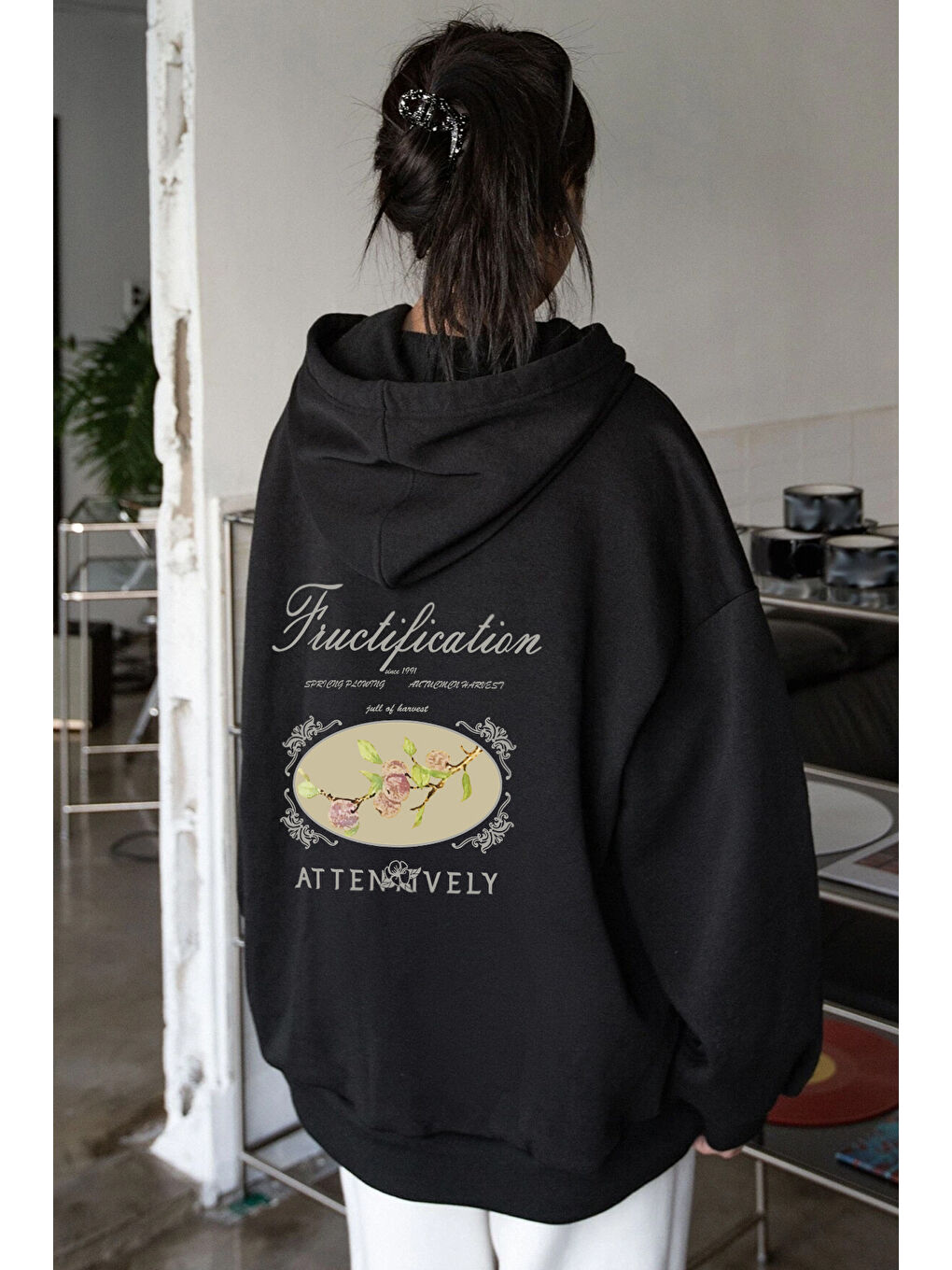 Siyah Unisex Oversize Fructification Baskılı Sweatshirt