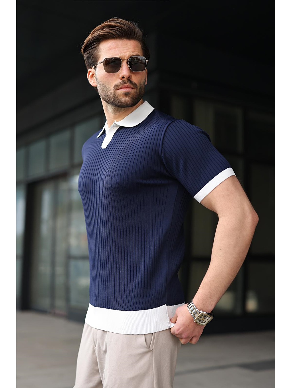 Lacivert Polo Yaka Triko Erkek Tişört E7471-1