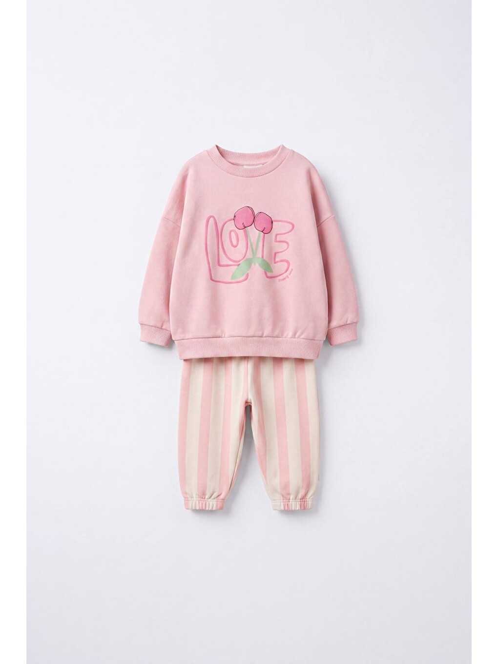 Kız Çocuk Pamuklu Kiraz Baskılı Pembe Sweatshirt Ve Çizgili Pantolon Takımı