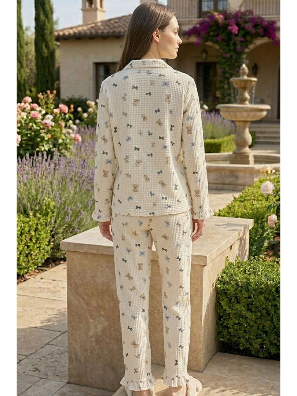 Bej Bürümcük Dokulu Düğmeli Pijama Takım Siyah Fiyonk-3