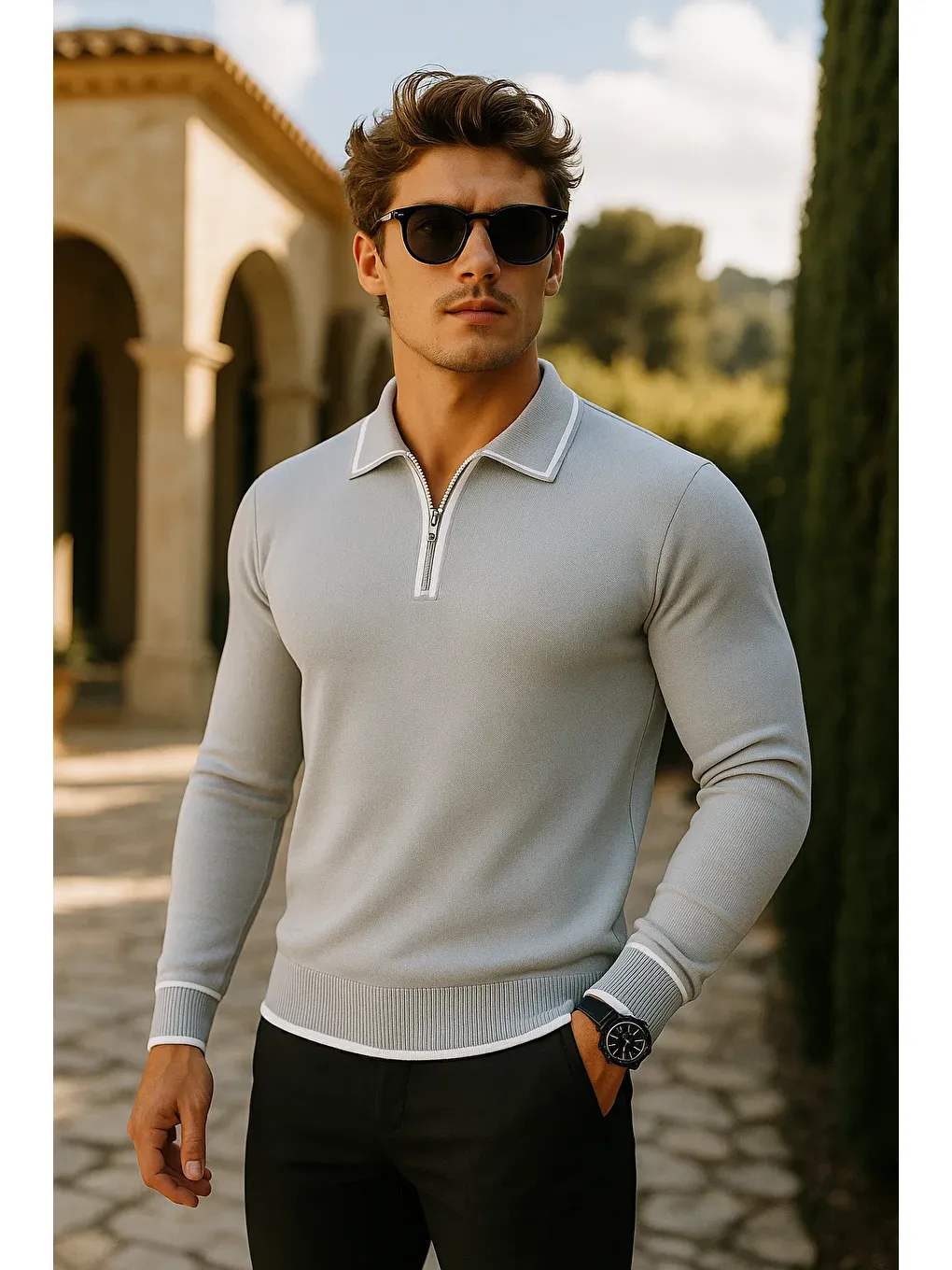 Erkek Günlük Fermuarlı Gri Uzun Kollu Polo Yaka Triko-1