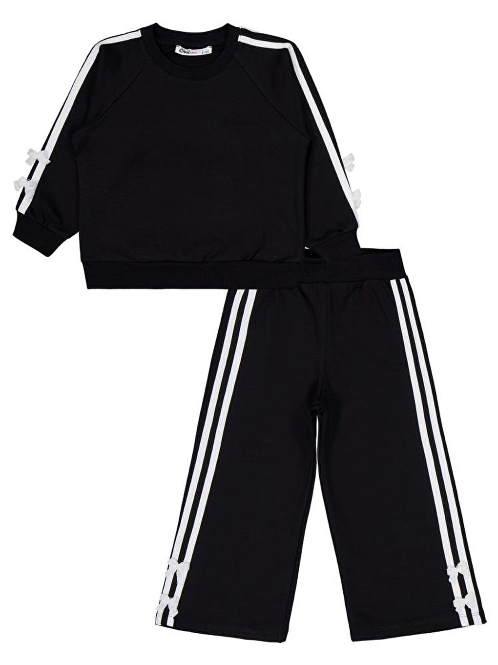 Siyah Girls Şeritli Fiyonklu 2-5 Yaş Eşofman Takımı-2