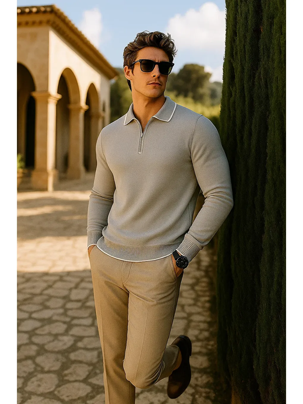 Erkek Günlük Fermuarlı Gri Uzun Kollu Polo Yaka Triko-2