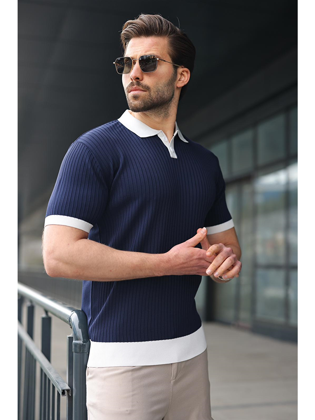 Lacivert Polo Yaka Triko Erkek Tişört E7471-3