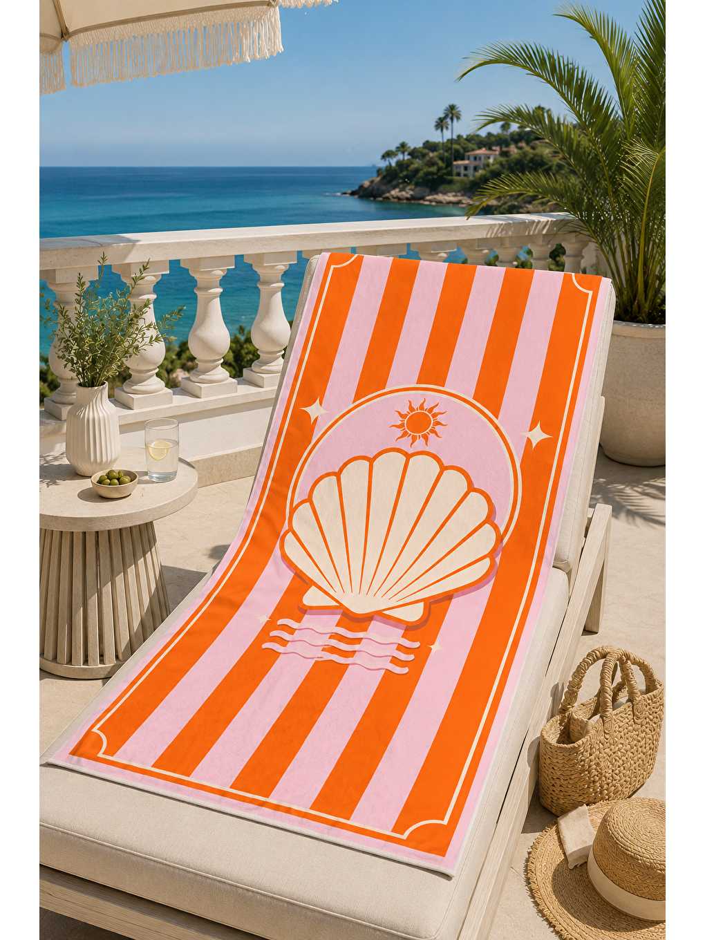 Sarı Turuncu Deniz Kabuğu Şerit Desenli 70x150 Plaj Havlusu-4