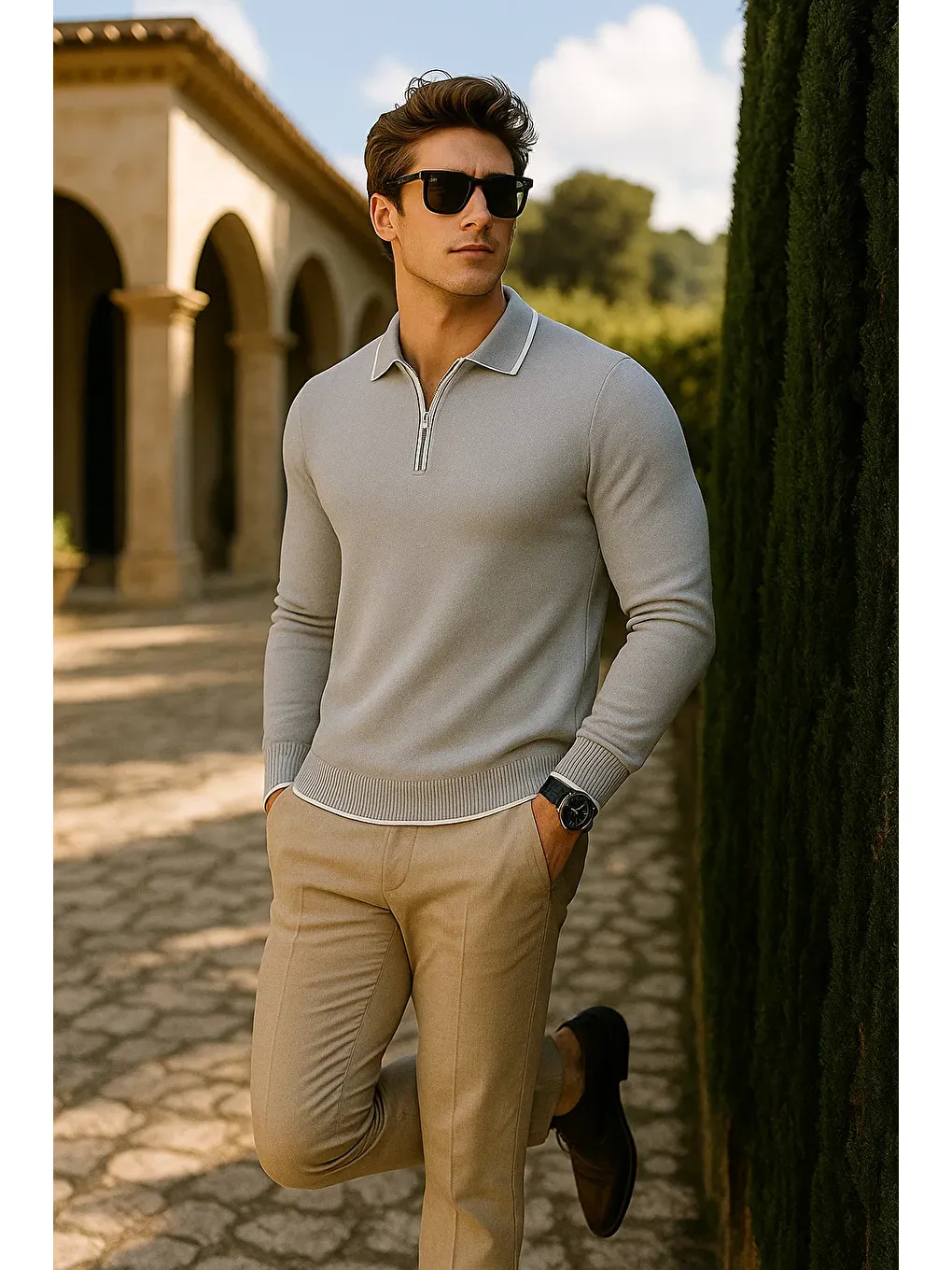 Erkek Günlük Fermuarlı Gri Uzun Kollu Polo Yaka Triko-3