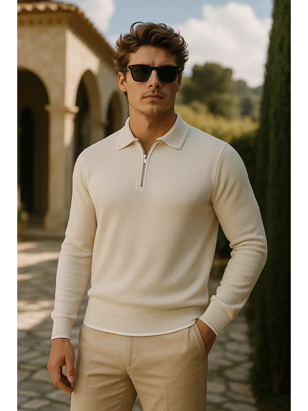 Ekru Erkek Günlük Fermuarlı Krem Uzun Kollu Polo Yaka Triko