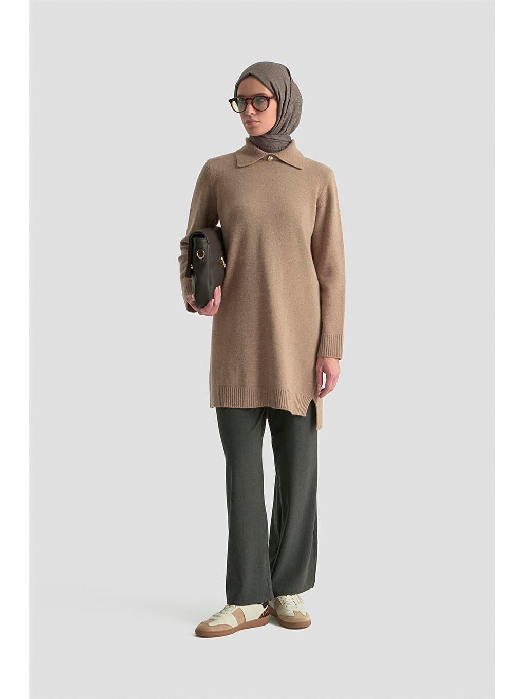 Kahverengi Polo Yaka Triko Tunik 25Kd7003 Camel