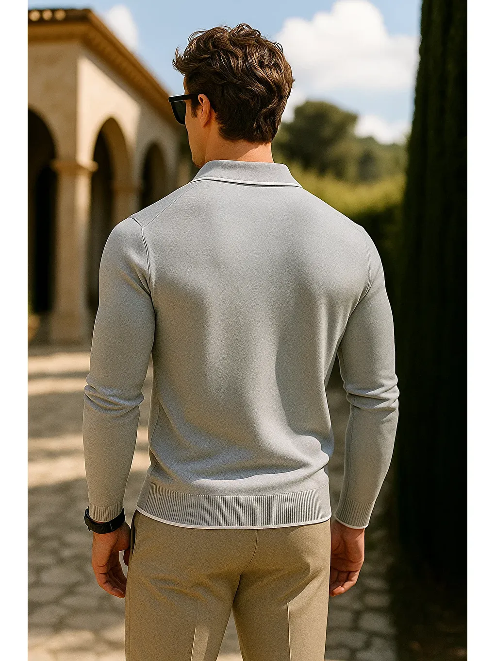 Erkek Günlük Fermuarlı Gri Uzun Kollu Polo Yaka Triko-4