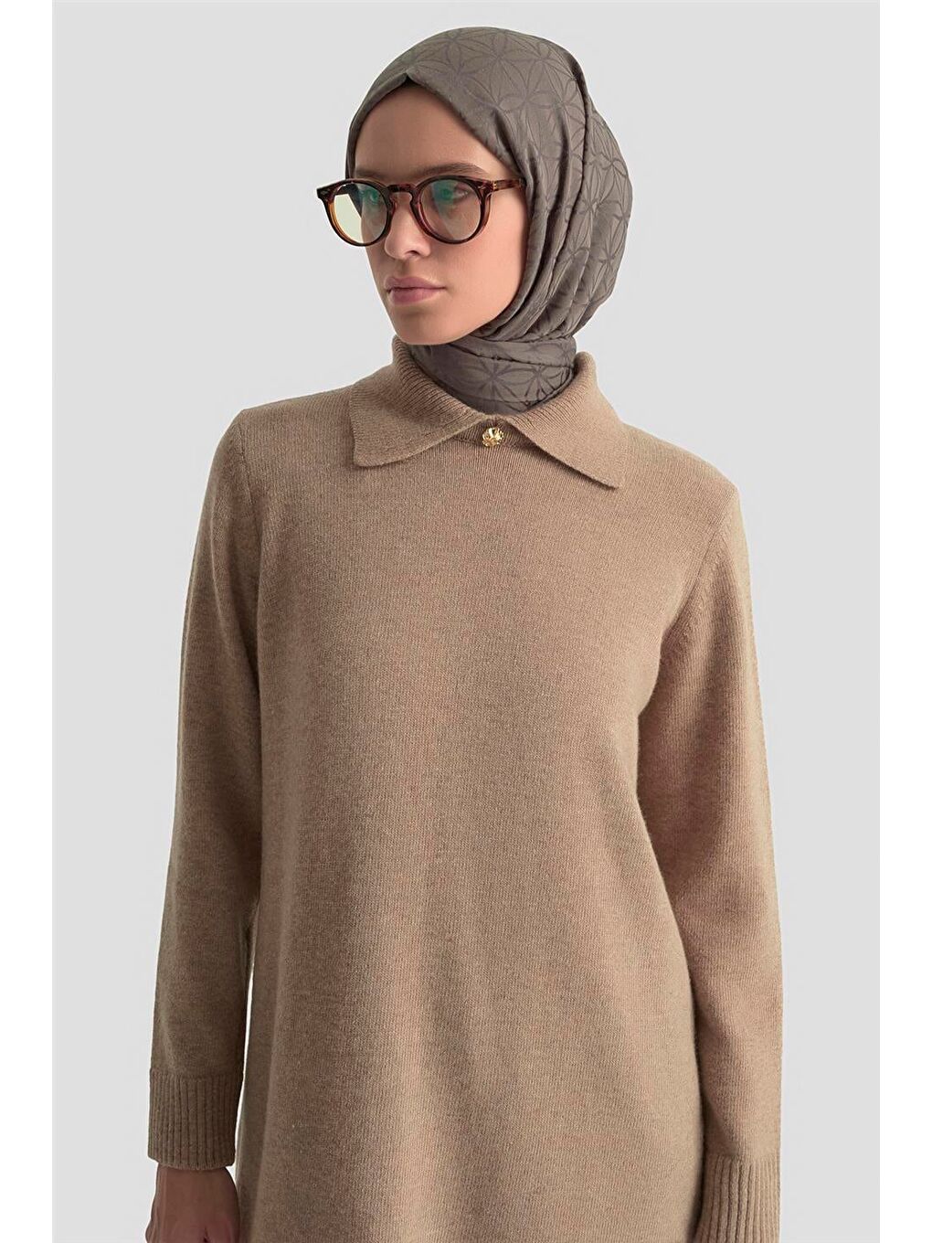 Kahverengi Polo Yaka Triko Tunik 25Kd7003 Camel-1