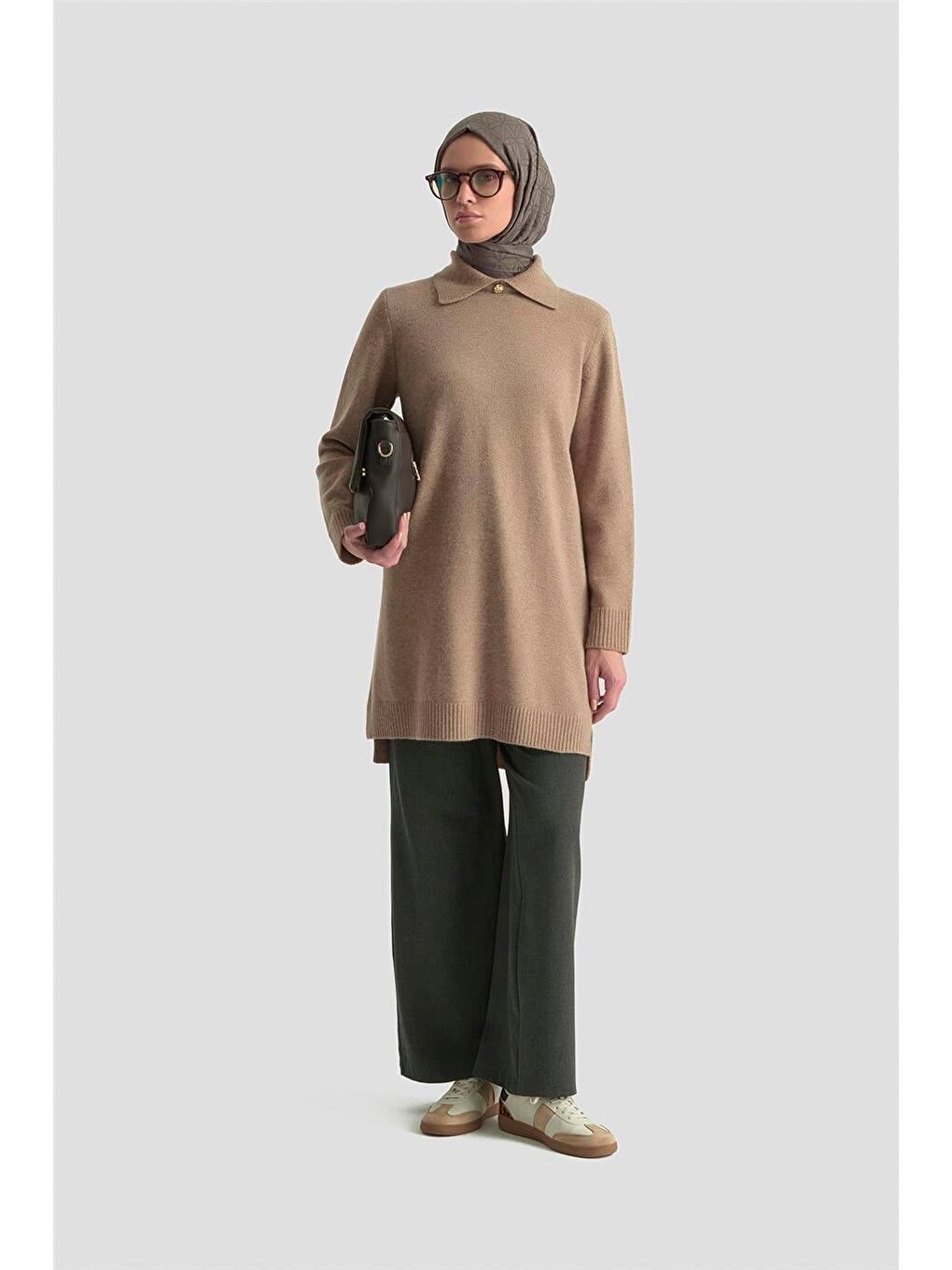 Kahverengi Polo Yaka Triko Tunik 25Kd7003 Camel-2