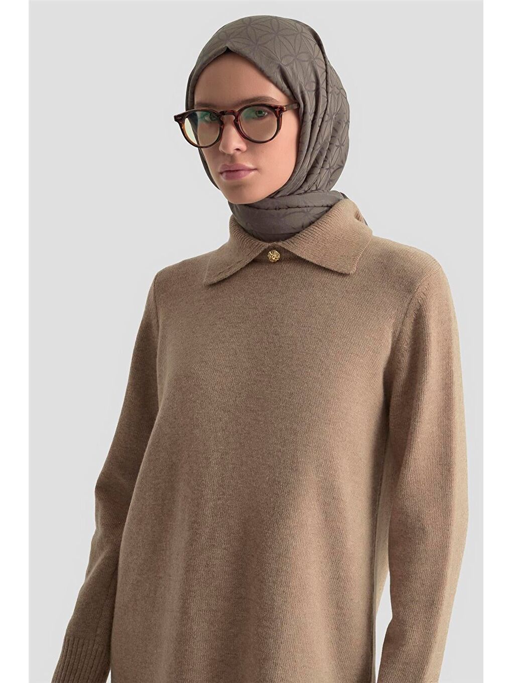 Kahverengi Polo Yaka Triko Tunik 25Kd7003 Camel-3