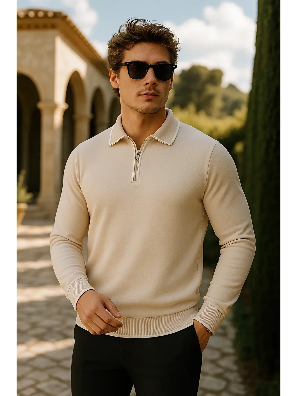 Ekru Erkek Günlük Fermuarlı Krem Uzun Kollu Polo Yaka Triko-1