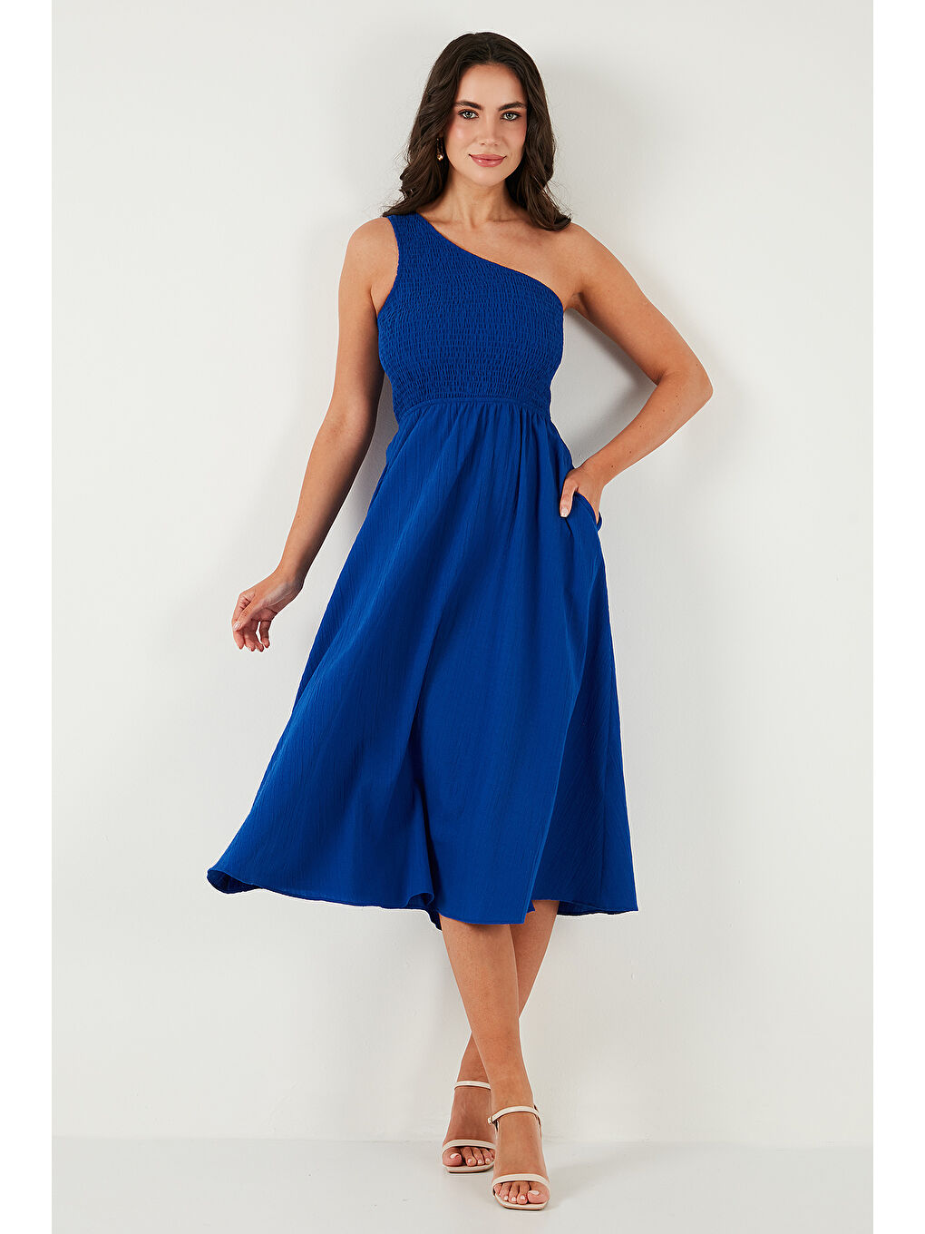 Mavi Regular Fit Tek Omuz Belden Açılan Gipeli Midi Boy Kadın Elbise 67810248-2