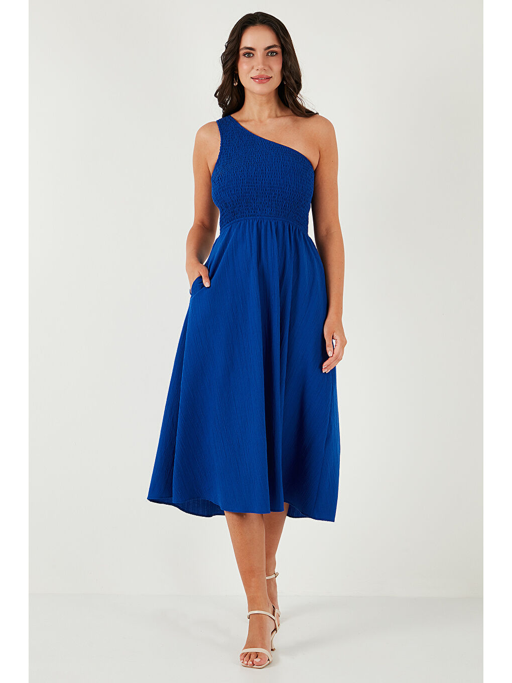 Mavi Regular Fit Tek Omuz Belden Açılan Gipeli Midi Boy Kadın Elbise 67810248-3