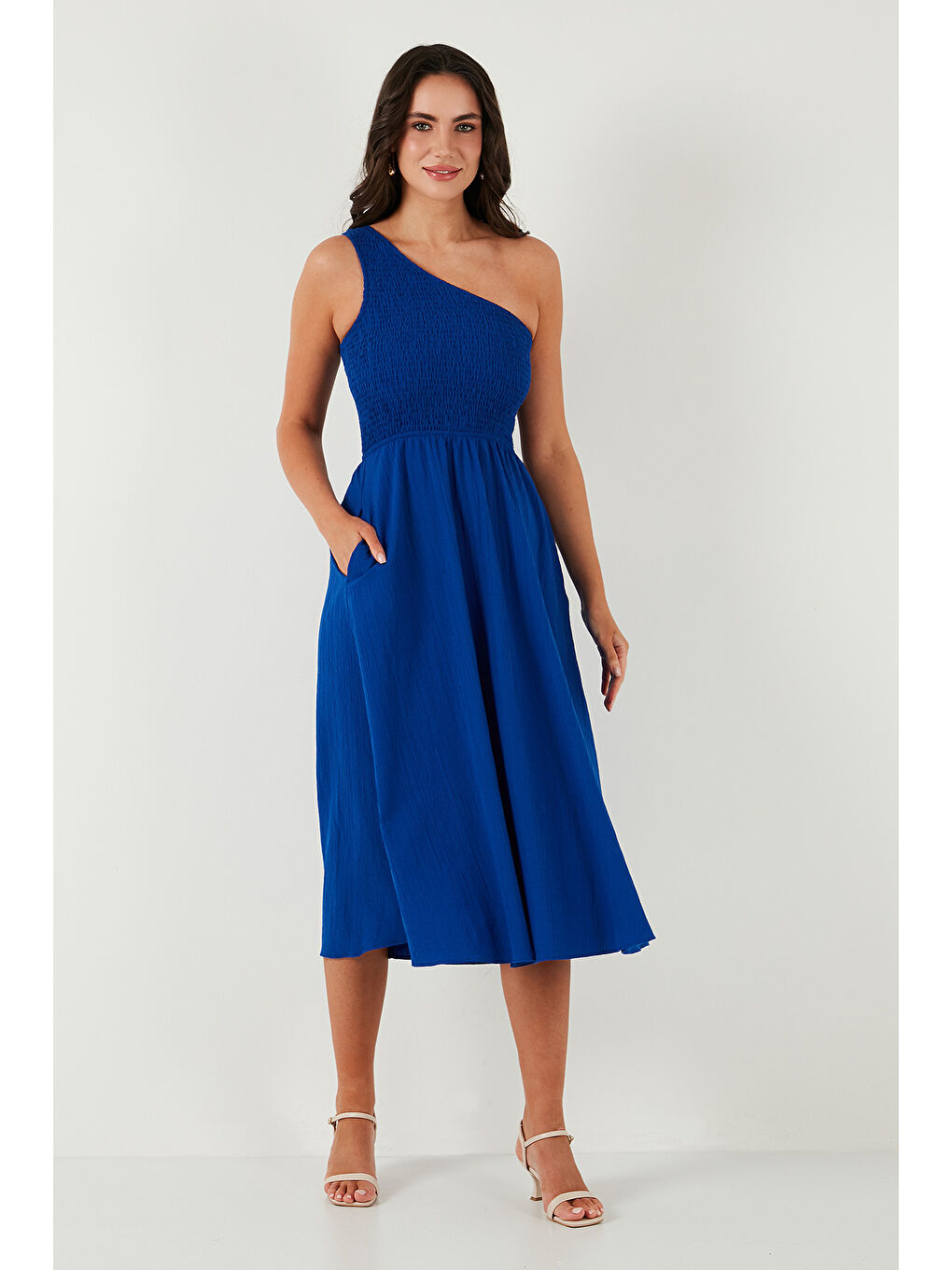 Mavi Regular Fit Tek Omuz Belden Açılan Gipeli Midi Boy Kadın Elbise 67810248-4