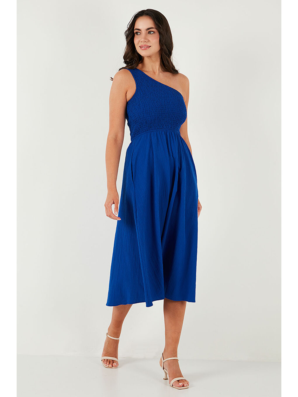 Mavi Regular Fit Tek Omuz Belden Açılan Gipeli Midi Boy Kadın Elbise 67810248-5