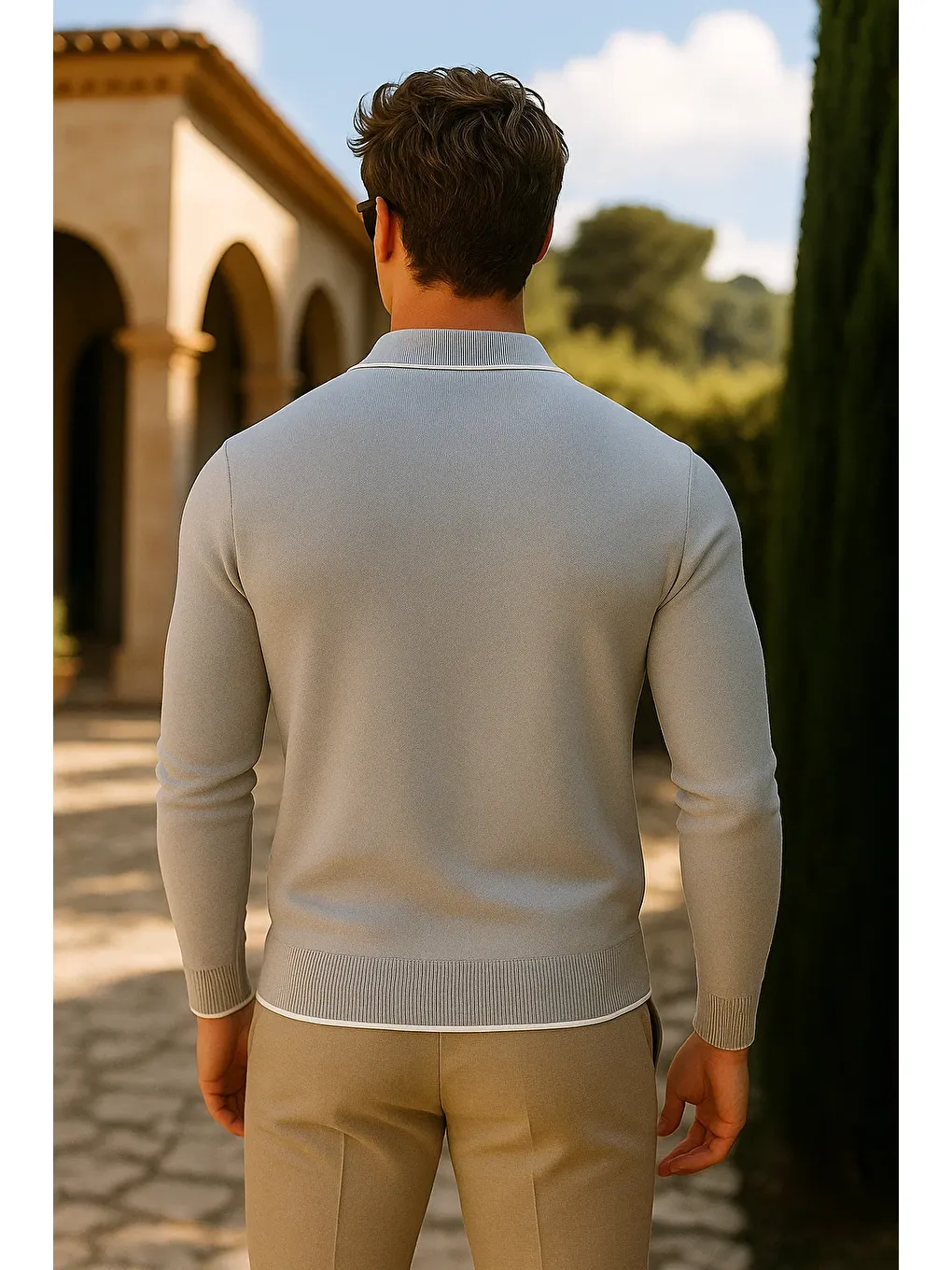 Erkek Günlük Fermuarlı Gri Uzun Kollu Polo Yaka Triko-5