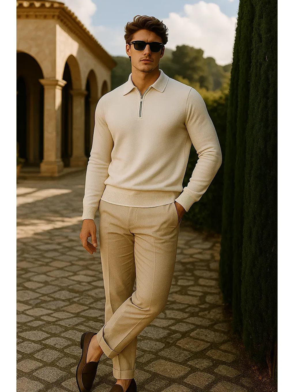 Ekru Erkek Günlük Fermuarlı Krem Uzun Kollu Polo Yaka Triko-2