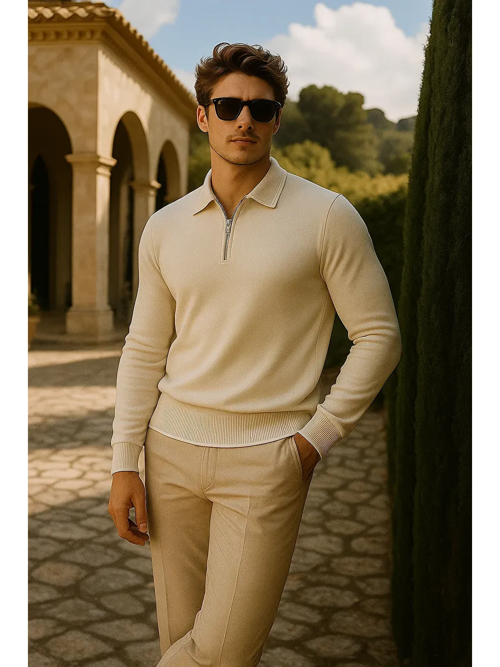 Ekru Erkek Günlük Fermuarlı Krem Uzun Kollu Polo Yaka Triko-3